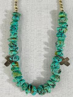 Navajo Turquoise and Pearls Necklace with Sterling Silver Cross Pendants - 2971306