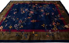 Navy Blue Antique Art Deco Chinese Handmade Wool Rug with Floral Design - 2815981