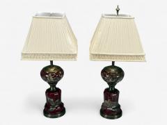 Neoclassical Cranberry Glass Decoupage Cherub Table Lamps USA 1930s - 4376153