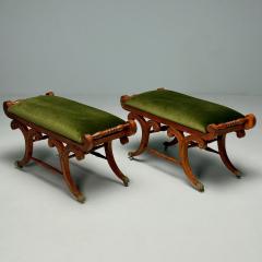 Neoclassical English Regency Rolling Benches Carved Wood Bronze Green Velvet - 3863775