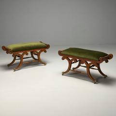 Neoclassical English Regency Rolling Benches Carved Wood Bronze Green Velvet - 3863776