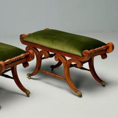 Neoclassical English Regency Rolling Benches Carved Wood Bronze Green Velvet - 3863777