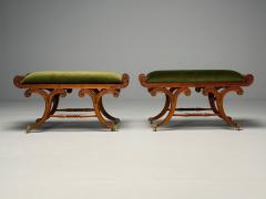 Neoclassical English Regency Rolling Benches Carved Wood Bronze Green Velvet - 3863778