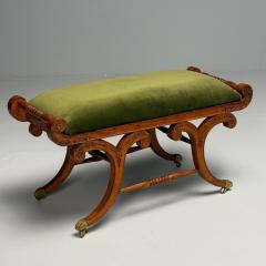 Neoclassical English Regency Rolling Benches Carved Wood Bronze Green Velvet - 3863779