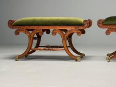 Neoclassical English Regency Rolling Benches Carved Wood Bronze Green Velvet - 3863780