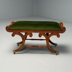 Neoclassical English Regency Rolling Benches Carved Wood Bronze Green Velvet - 3863781