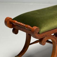 Neoclassical English Regency Rolling Benches Carved Wood Bronze Green Velvet - 3863783