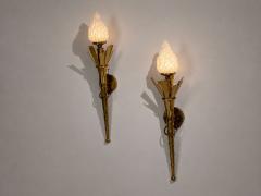 Neoclassical Monumental Torchiere Wall Sconces Brass Glass 20th c  - 4712982