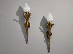 Neoclassical Monumental Torchiere Wall Sconces Brass Glass 20th c  - 4712984