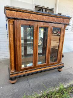 Neoclassical Style Burlwood Lighted Vitrine w Roman columns and Carved Crest - 4342635