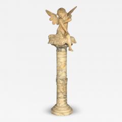 Neoclassical Winged Angel On Pillow Alabaster Statue on Pedestal Italy 1920s - 4099685
