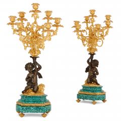 Neoclassical style malachite and gilt bronze mounted clock set - 4421327
