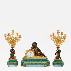 Neoclassical style malachite and gilt bronze mounted clock set - 4426772