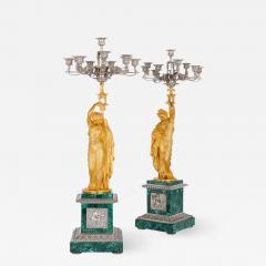 Neoclassical style malachite silvered and gilt bronze clock set - 1572693