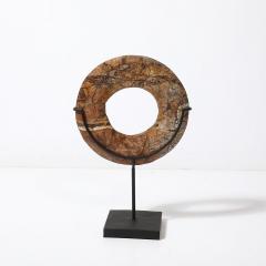 Neolithic Chinese Red Soapstone Bi Disc Carving on Iron Base - 4142345