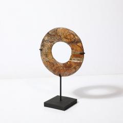 Neolithic Chinese Red Soapstone Bi Disc Carving on Iron Base - 4142353