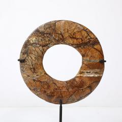 Neolithic Chinese Red Soapstone Bi Disc Carving on Iron Base - 4142372