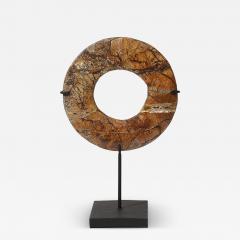 Neolithic Chinese Red Soapstone Bi Disc Carving on Iron Base - 4143421