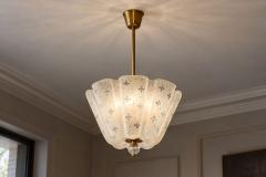 Nils Landberg Rare Chandelier Etched Glass Brass Sweden 1940s - 4800562