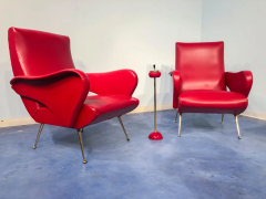 Nino Zoncada Pair of Italian Midcentury Modern Red Vinyl Armchairs Nino Zoncada Style 1950s - 2599940