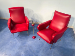 Nino Zoncada Pair of Italian Midcentury Modern Red Vinyl Armchairs Nino Zoncada Style 1950s - 2599941