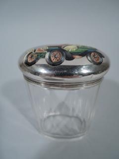 Nostalgic Motoring Days English Sterling Silver Enamel Vanity Jar - 3748661