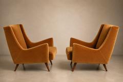 Novo Rumo Brazilian Modern Pair of Camel Mohair Club Chairs in Hardwood Att to Novo Rumo - 4621572