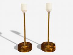 Nybro Armaturfabrik Table Lamps Amber Glass Brass Sweden 1970s - 4479577