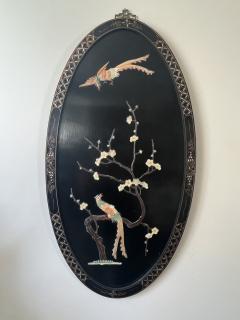 OVAL CHINESE DECORATED WOOD PLAQUE WITH COLORFUL HARDSTONE PHOENIX BIRDS - 3591753