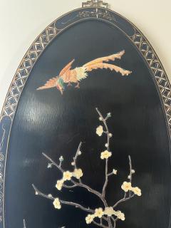 OVAL CHINESE DECORATED WOOD PLAQUE WITH COLORFUL HARDSTONE PHOENIX BIRDS - 3591755