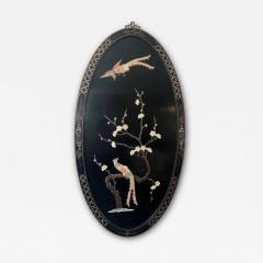 OVAL CHINESE DECORATED WOOD PLAQUE WITH COLORFUL HARDSTONE PHOENIX BIRDS - 3603043