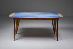 Oak Mid Century Modern Dining Table on Pin Legs with Blue Top 1940s - 1960865