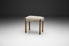 Oak Stool with Carved Legs and Sheepskin Upholstery Denmark 1970s - 4617151