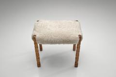 Oak Stool with Carved Legs and Sheepskin Upholstery Denmark 1970s - 4617176