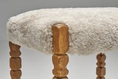 Oak Stool with Carved Legs and Sheepskin Upholstery Denmark 1970s - 4617179