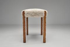 Oak Stool with Carved Legs and Sheepskin Upholstery Denmark 1970s - 4617182