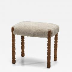 Oak Stool with Carved Legs and Sheepskin Upholstery Denmark 1970s - 4644019