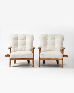 Oak and Mohair Upholstered Armchairs by Guillerme et Chambron France c 1950 - 3825486