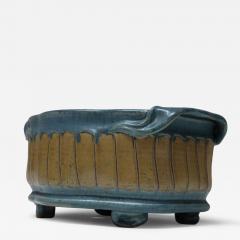 Oblong Vintage Blue and Ochre Studio Pottery Planter Vase by Deanna Nichols - 4454580