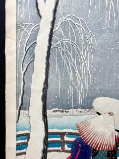 Ohara Shoson Japanese Woodblock Print Snow on Willow Bridge by Ohara Shoson - 4519007