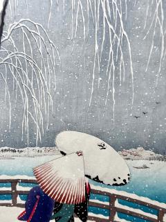 Ohara Shoson Japanese Woodblock Print Snow on Willow Bridge by Ohara Shoson - 4519008