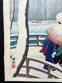 Ohara Shoson Japanese Woodblock Print Snow on Willow Bridge by Ohara Shoson - 4519010