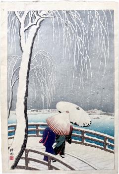 Ohara Shoson Japanese Woodblock Print Snow on Willow Bridge by Ohara Shoson - 4522167