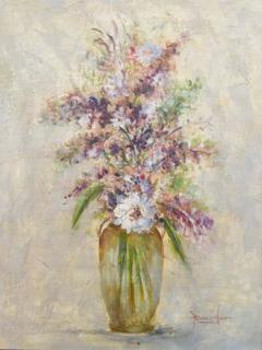 Oil on Canvas Still Life Painting of Flowers and Lavender Framed and Signed - 2873488