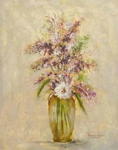 Oil on Canvas Still Life Painting of Flowers and Lavender Framed and Signed - 2878094