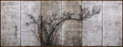 Okada Yosai Japanese Screen Pair Red and White Plum Blossoms on Silver Leaf - 4574752