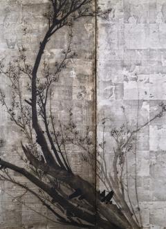 Okada Yosai Japanese Screen Pair Red and White Plum Blossoms on Silver Leaf - 4574754