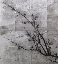 Okada Yosai Japanese Screen Pair Red and White Plum Blossoms on Silver Leaf - 4574755