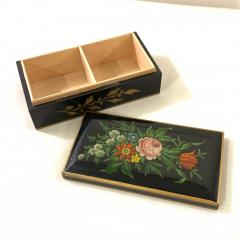 Old Black Wooden Box with Hand Painted Flowers  - 3117986