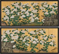 Omori Soun 18th Century Japanese Screen Pair One Hundred Flowers Chrysanthemums - 4478554